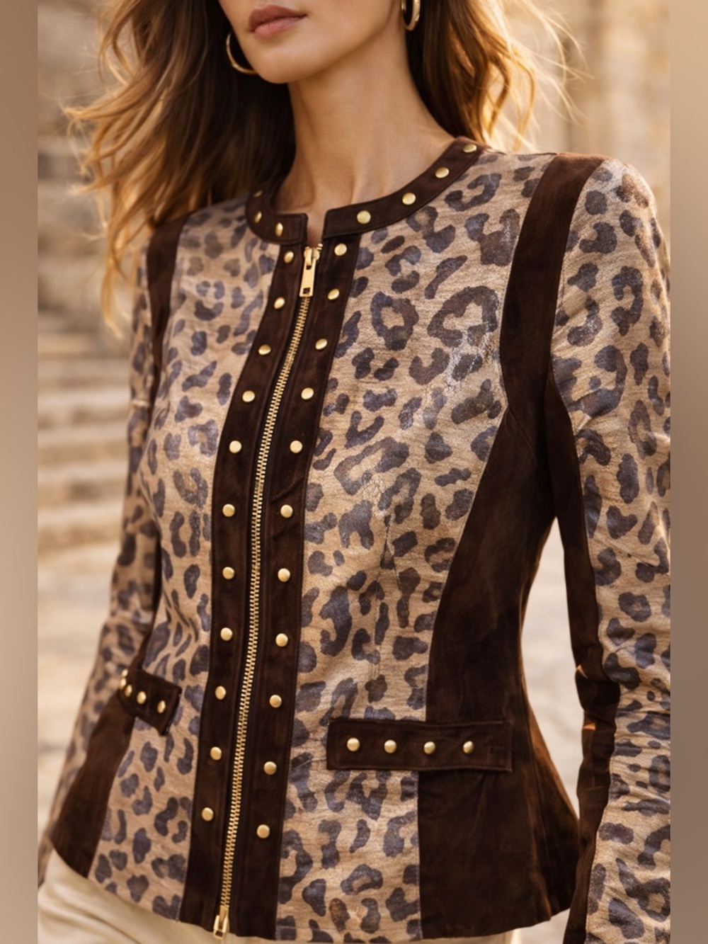 Animal Leopard Print Leather Suede Jacket Studded Military Style Zip Front M - Picture 3 of 17